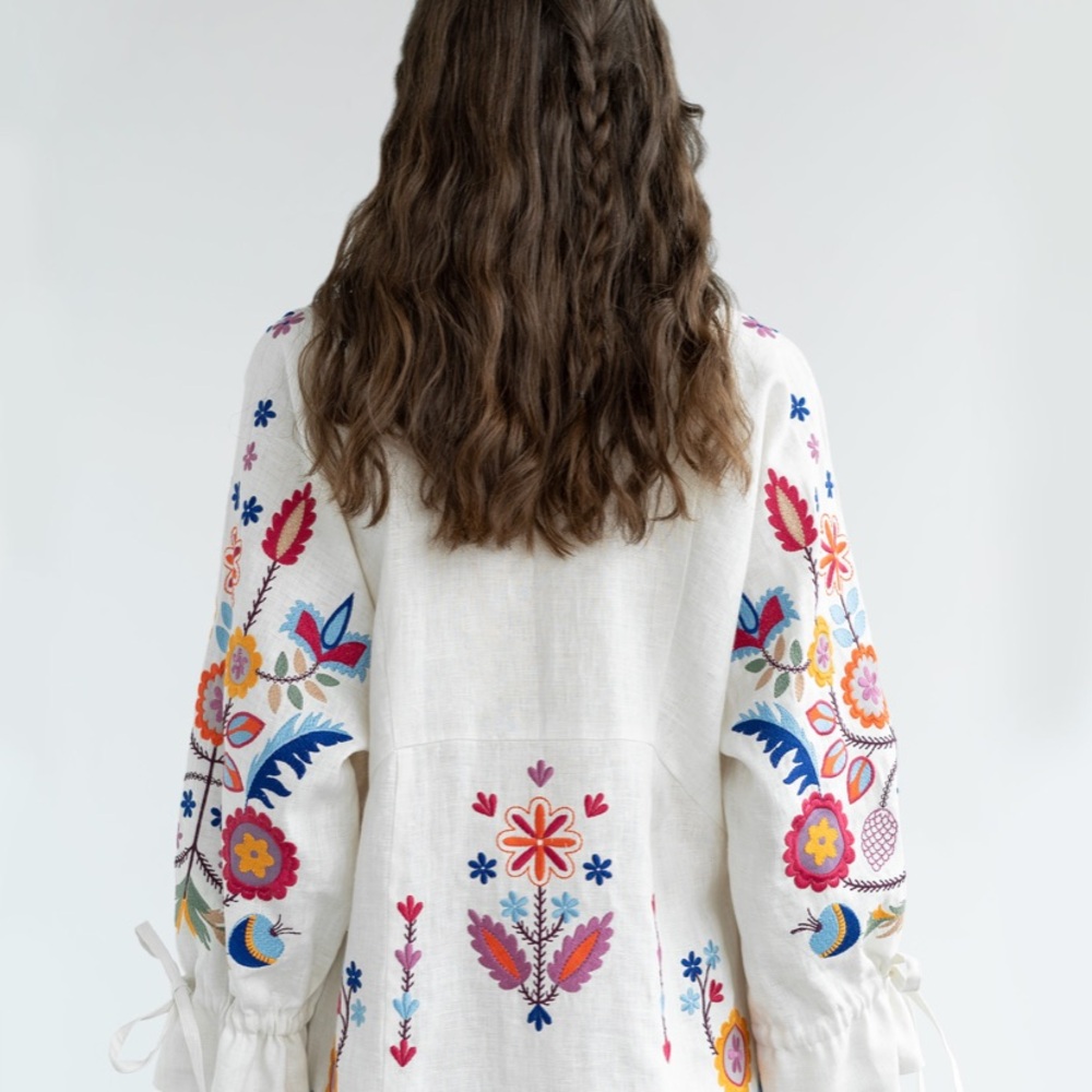 Ukrainian brand linen floral beige dress ETNODIM - Picture 3 of 8